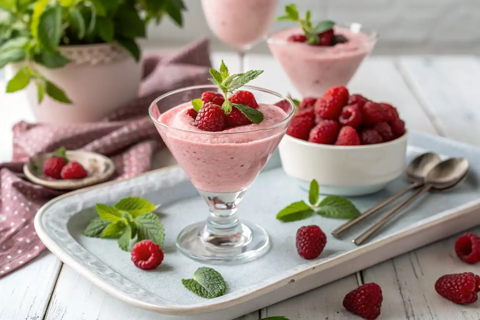 Vegan raspberry spuma in a glass, garnished with fresh berries.