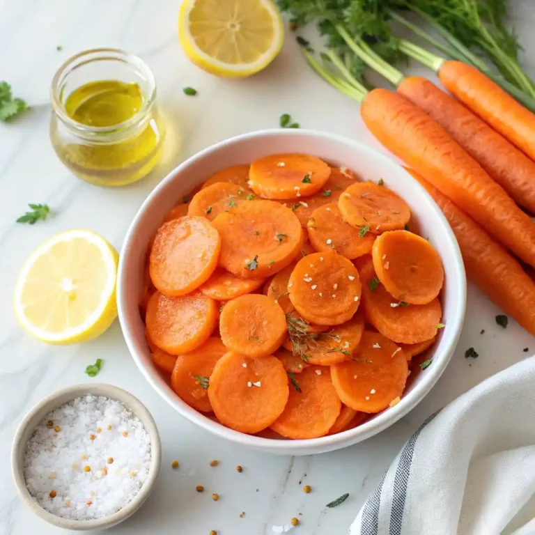 Bowl of fresh vinegar carrot chips with marinade ingredients on marble countertop