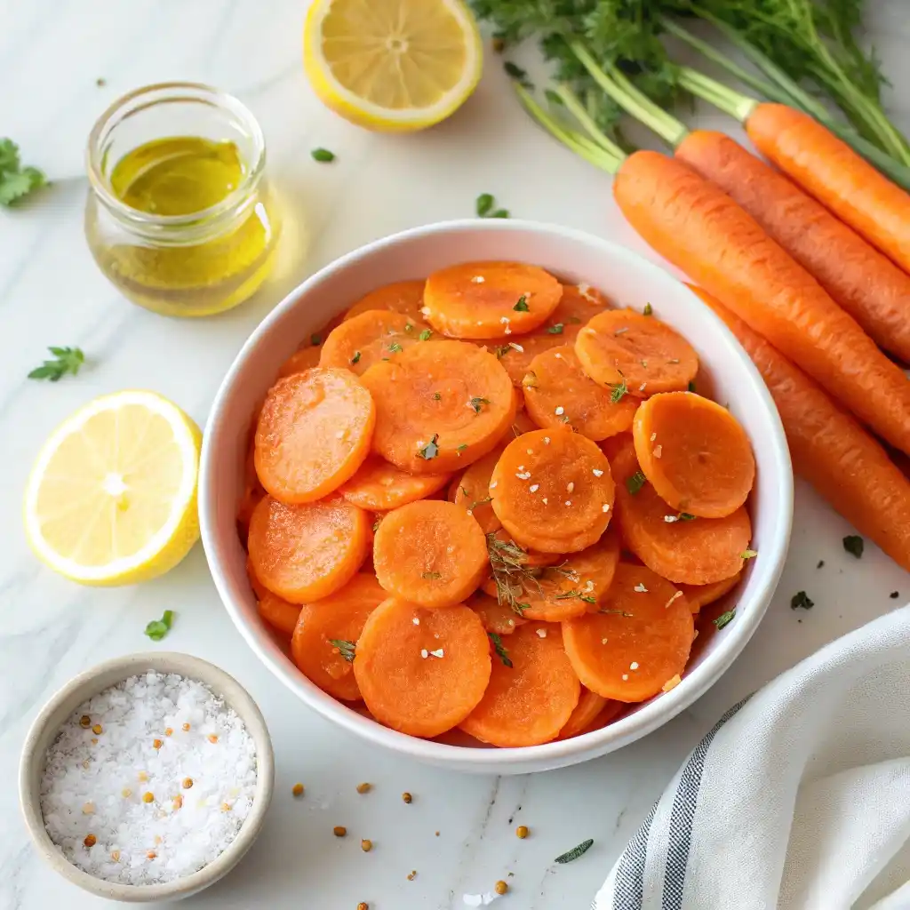 Bowl of fresh vinegar carrot chips with marinade ingredients on marble countertop