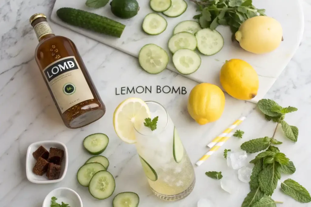 Viral lemon bomb drink recipe with lemon balm tea, cucumber, mint and lemon for weight loss