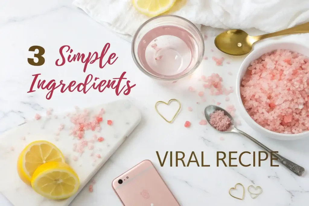 Pink salt trick recipe ingredients flat lay showing Himalayan salt, water, lemon and timing for viral weight loss trend