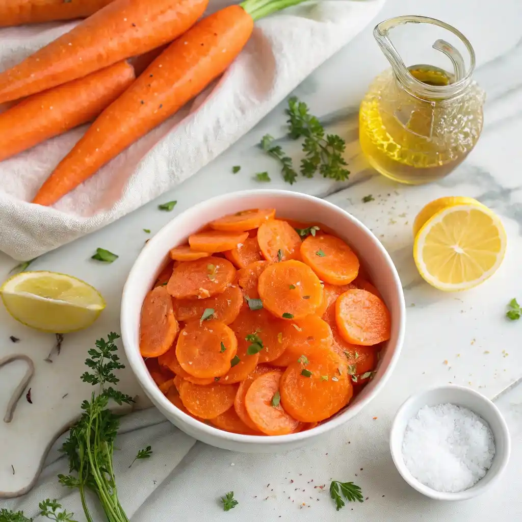Bowl of fresh vinegar carrot chips with marinade ingredients on marble countertop