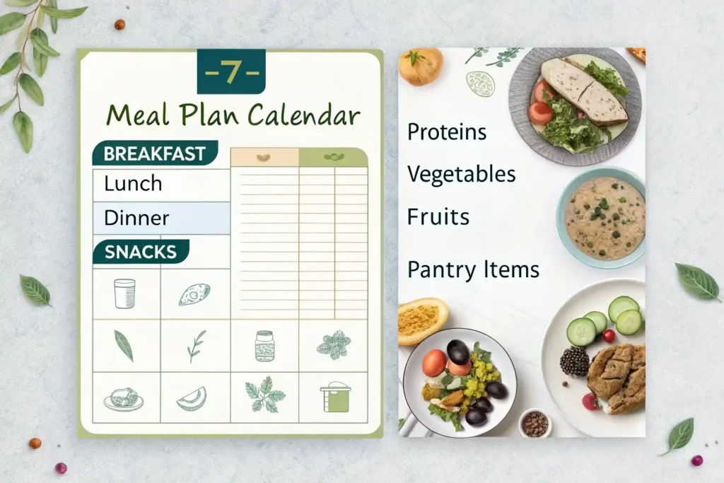Weekly weight loss meal plan calendar and organized shopping list for meal prep success