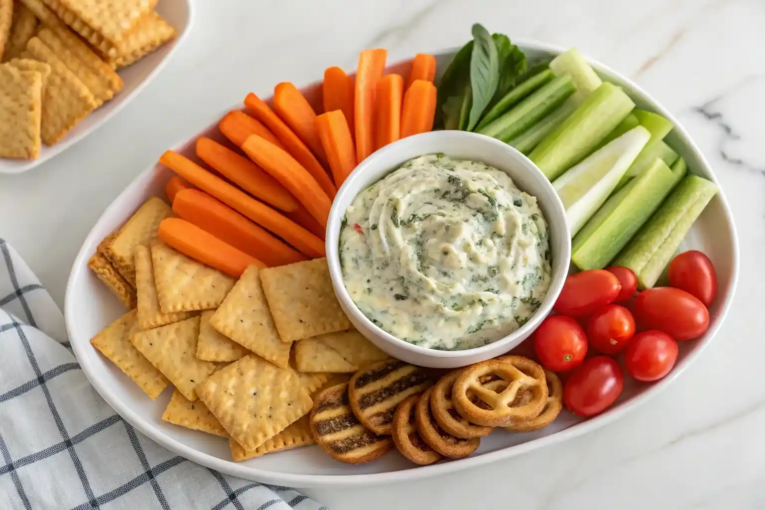 What to serve with spinach dip - colorful array of dippers including chips, vegetables, and breads