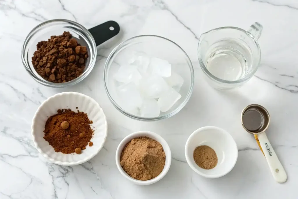  Five ingredients for whipped mocha cloud recipe laid out including ice, coffee powder, cocoa powder, sugar and water