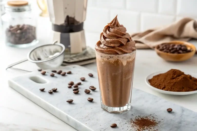 Whipped mocha cloud drink with fluffy brown foam in tall clear glass