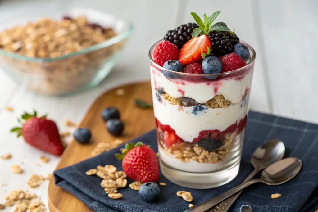 Layered Greek yogurt parfait with fresh berries and granola.