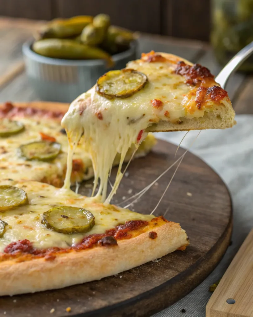 Slice of dill pickle pizza with melted mozzarella cheese being served hot