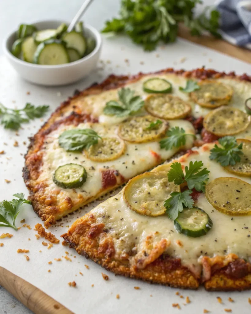 Low-carb cauliflower crust pickle pizza topped with mozzarella and dill pickles