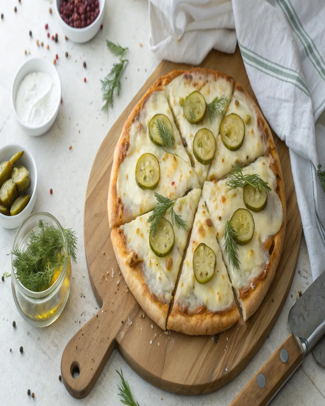 Homemade pickle pizza with dill pickles, mozzarella, and white sauce on a rustic crust