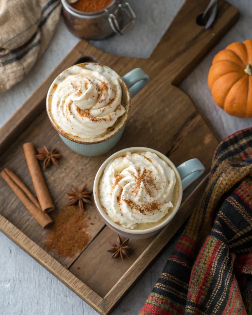Two pumpkin spice lattes with whipped cream and cinnamon topping served on a fall tray