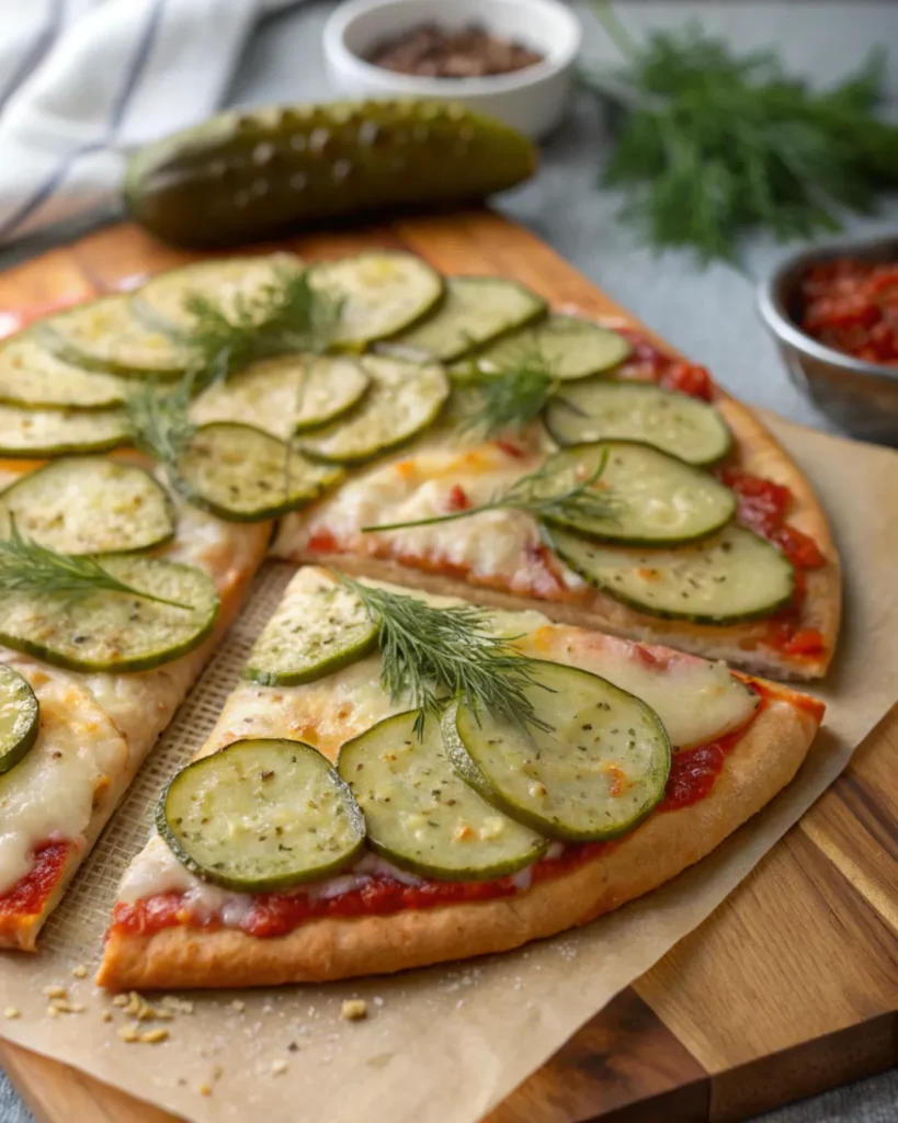 Garlic pickles and spicy dill slices ready as toppings for homemade pizza