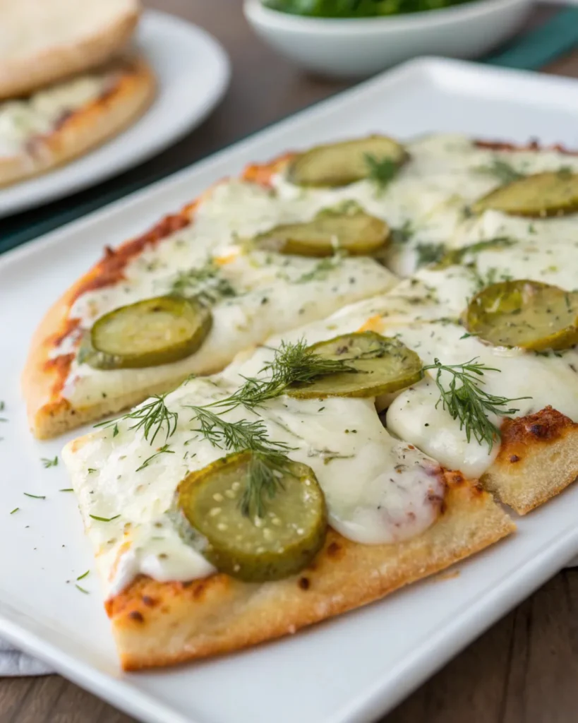 Naan pickle pizza with creamy white sauce and dill pickles