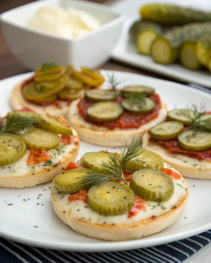 Mini pickle pizzas with dill, bread & butter, and spicy pickle toppings served as appetizers