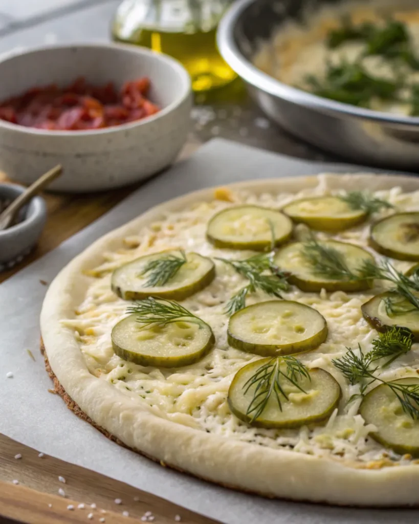 Dill pickle slices layered over mozzarella before baking pickle pizza