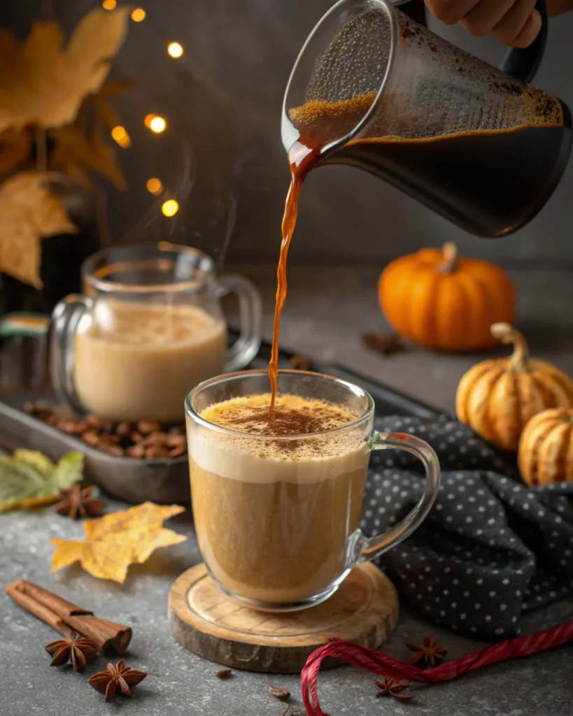 Espresso being poured into pumpkin spice milk mixture for homemade latte
