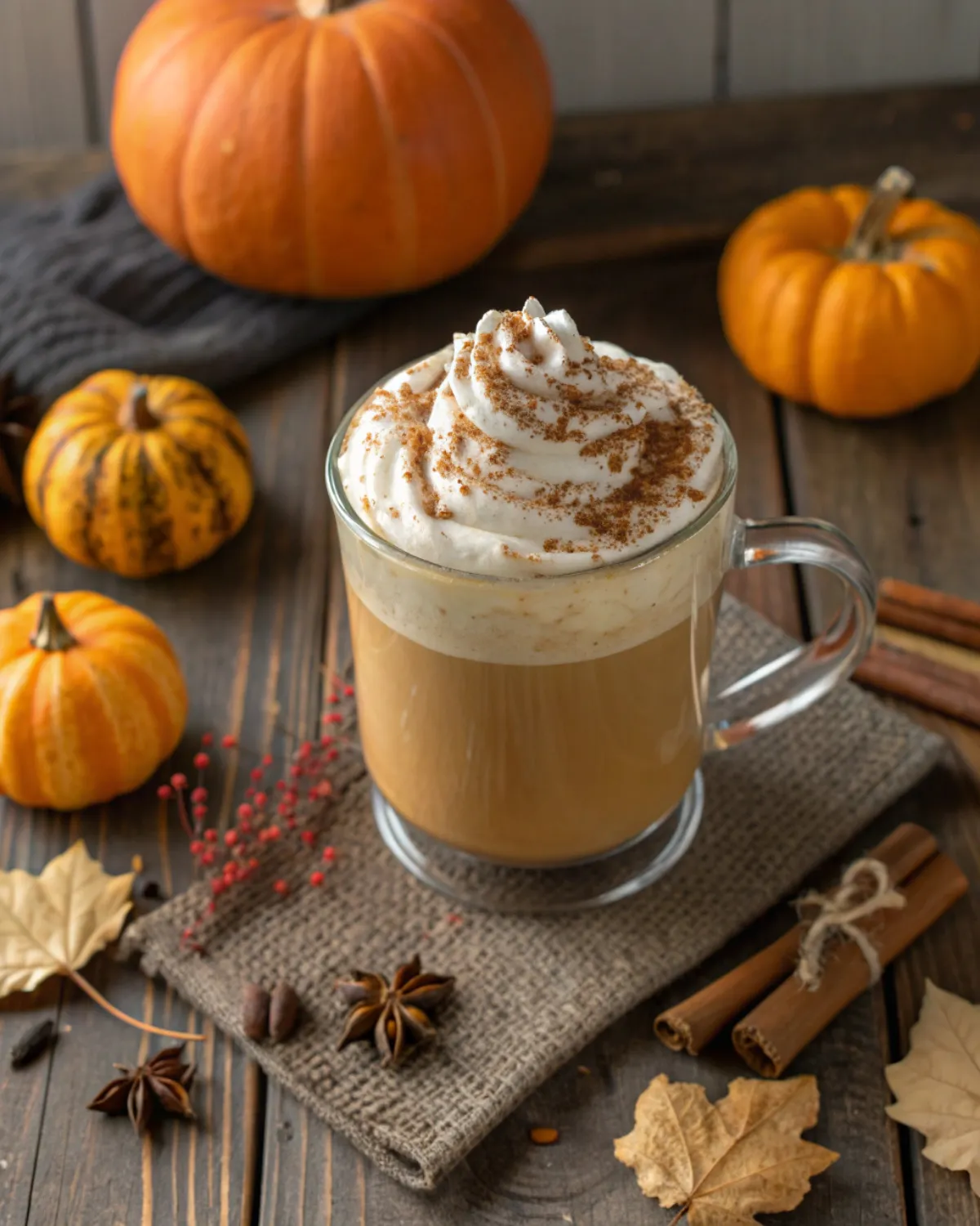 Pumpkin spice latte topped with whipped cream and cinnamon surrounded by pumpkins and fall decor