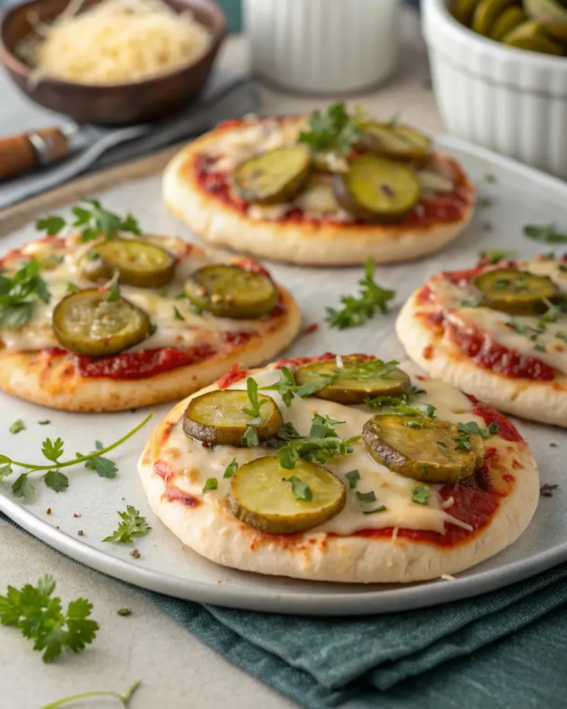 Mini dill pickle pizzas on naan bread with mozzarella and herbs