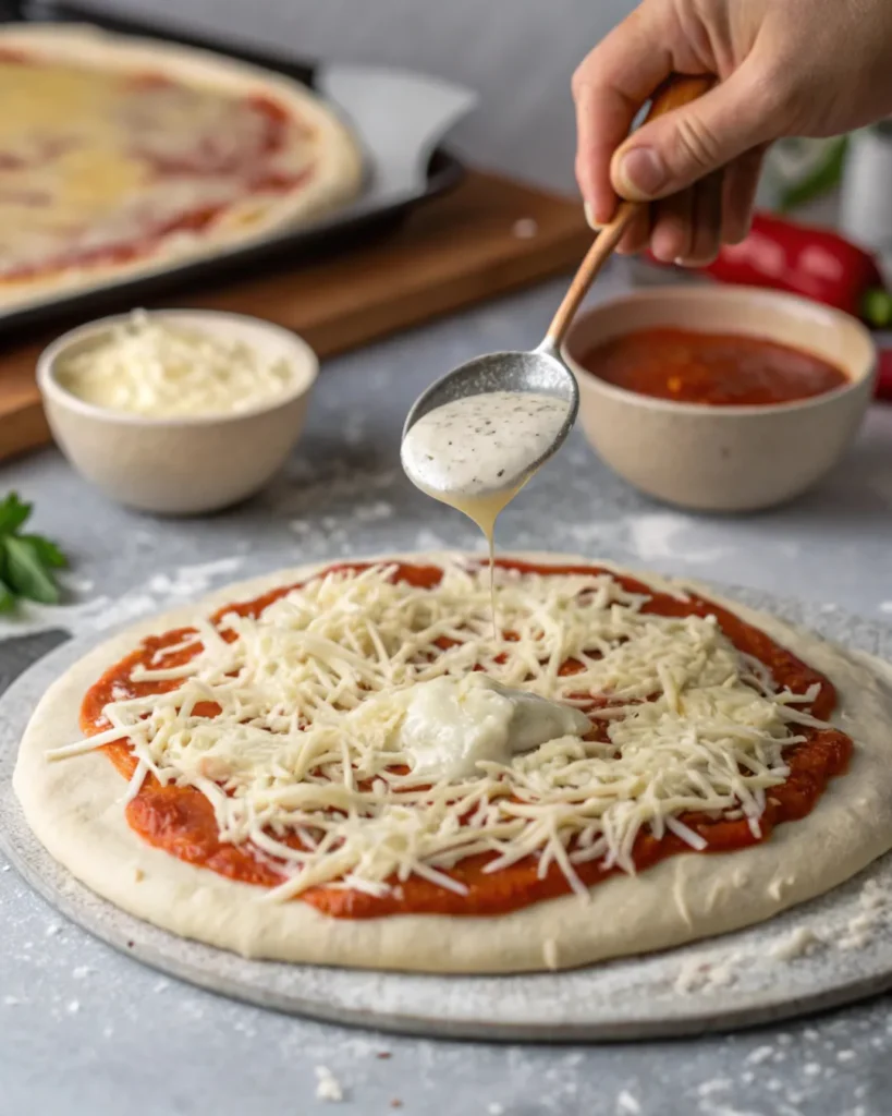 White sauce and mozzarella being added to pickle pizza dough