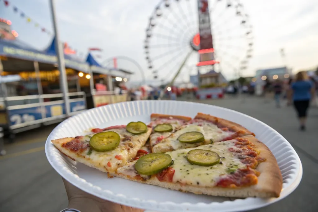 Pickle pizza slice on a paper plate at a state fair with dill pickle toppings