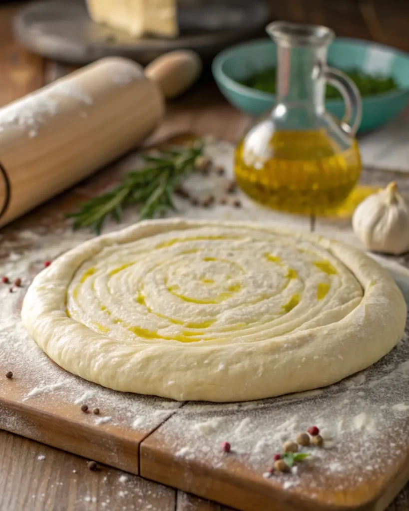Pizza dough rolled out for making homemade pickle pizza