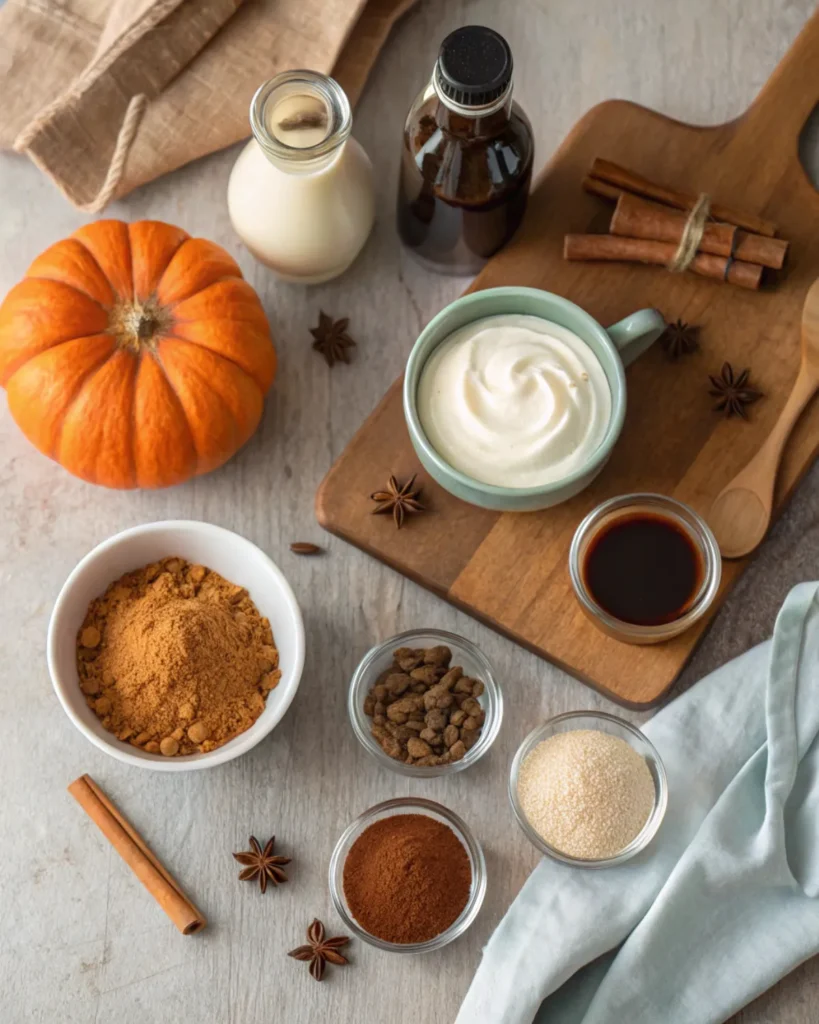 Ingredients for homemade pumpkin spice latte including pumpkin purée, spices, espresso, and milk