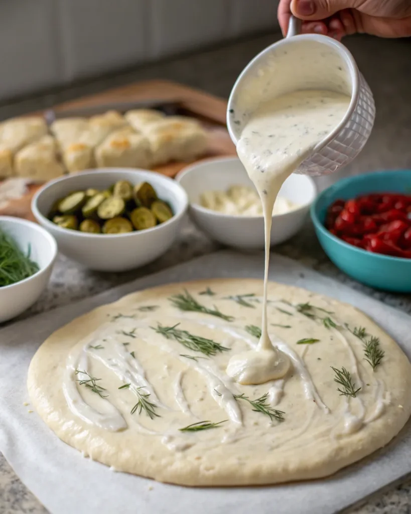 Pizza dough with white sauce spread and different types of pickles for topping