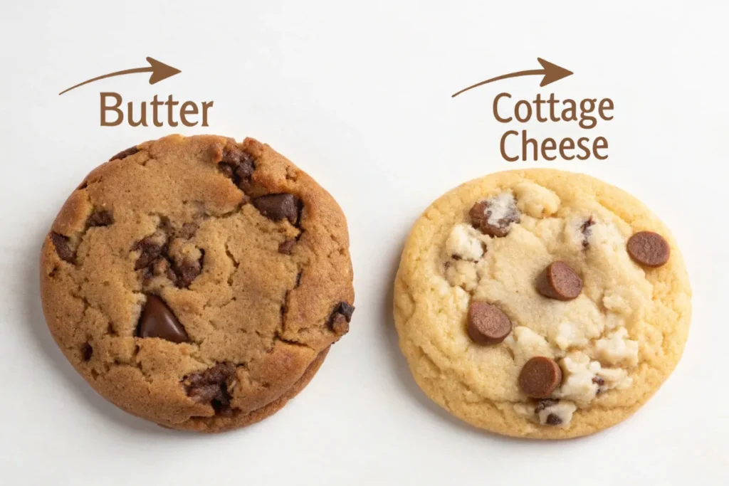 Side-by-side comparison of butter-based vs cottage cheese chocolate chip cookies.