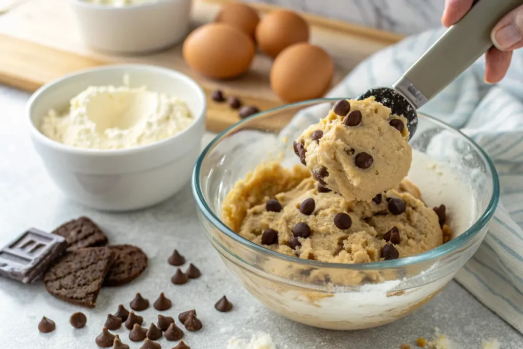 Cookie dough with cottage cheese being mixed in a glass bowl.