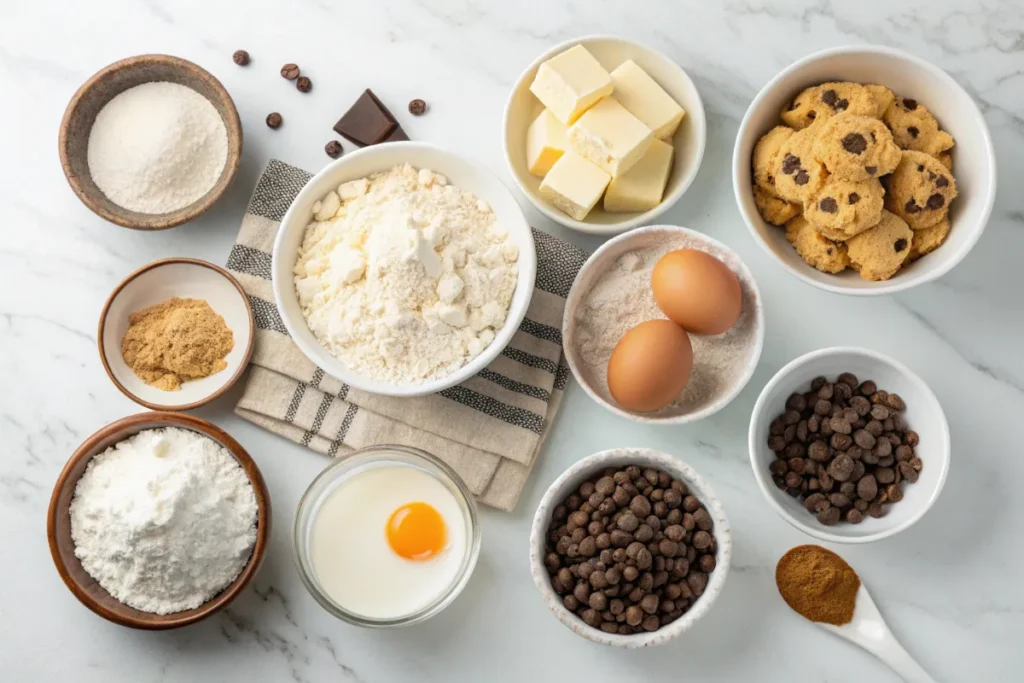Baking ingredients for chocolate chip cookies with cottage cheese displayed on a counter.