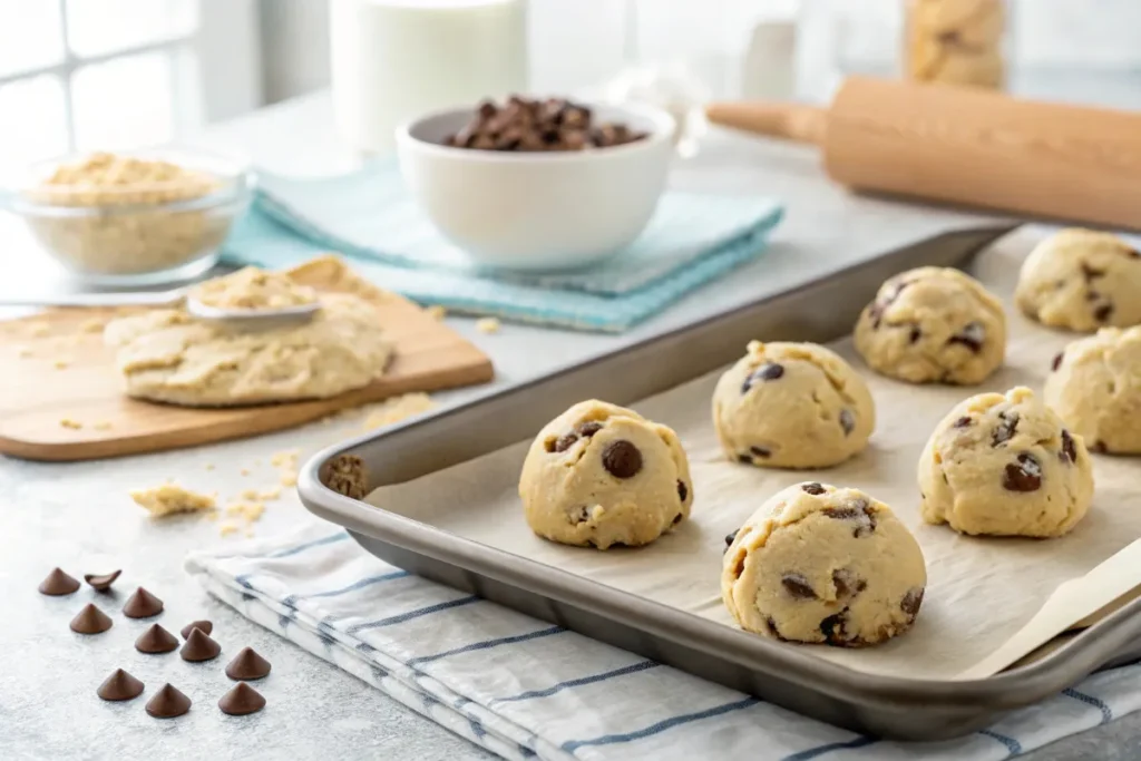 Chocolate chip cookie dough with cottage cheese on baking tray before baking.