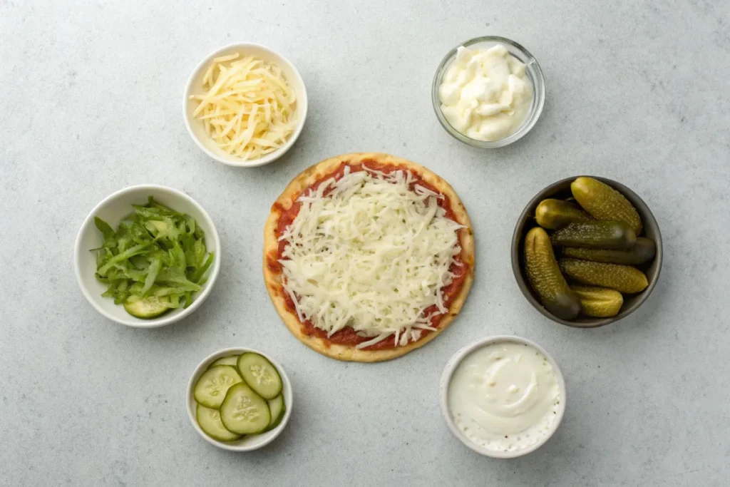 Flavor balance of pickle pizza ingredients: pickles, cheese, white sauce, and crust