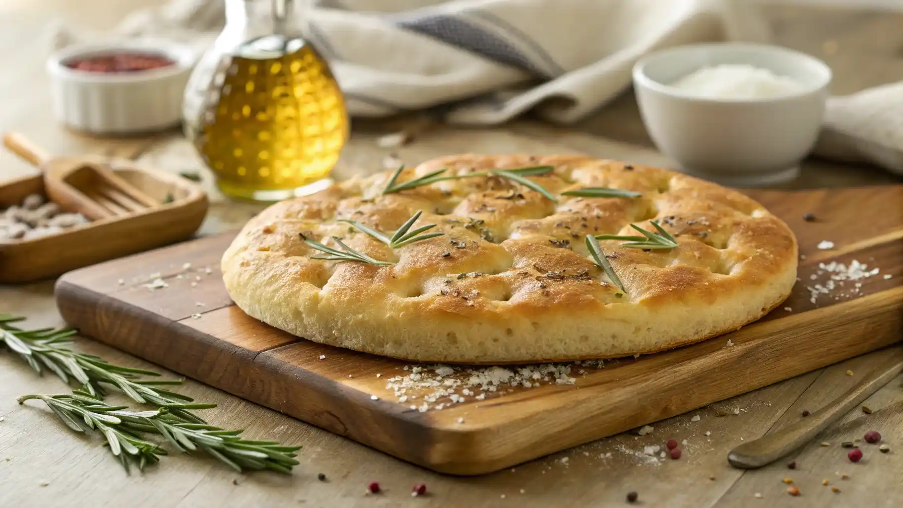 Homemade Italian focaccia bread with golden crust, olive oil, and fresh herbs on wooden cutting board
