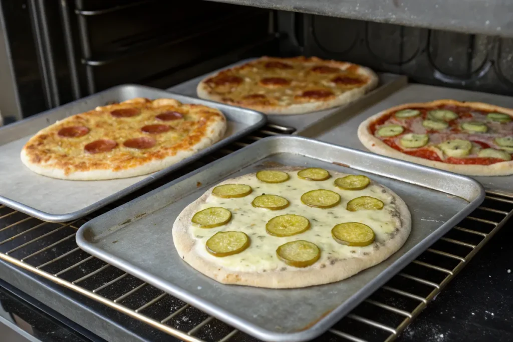 Different oven baking methods for pickle pizza: stone, steel, and sheet pan