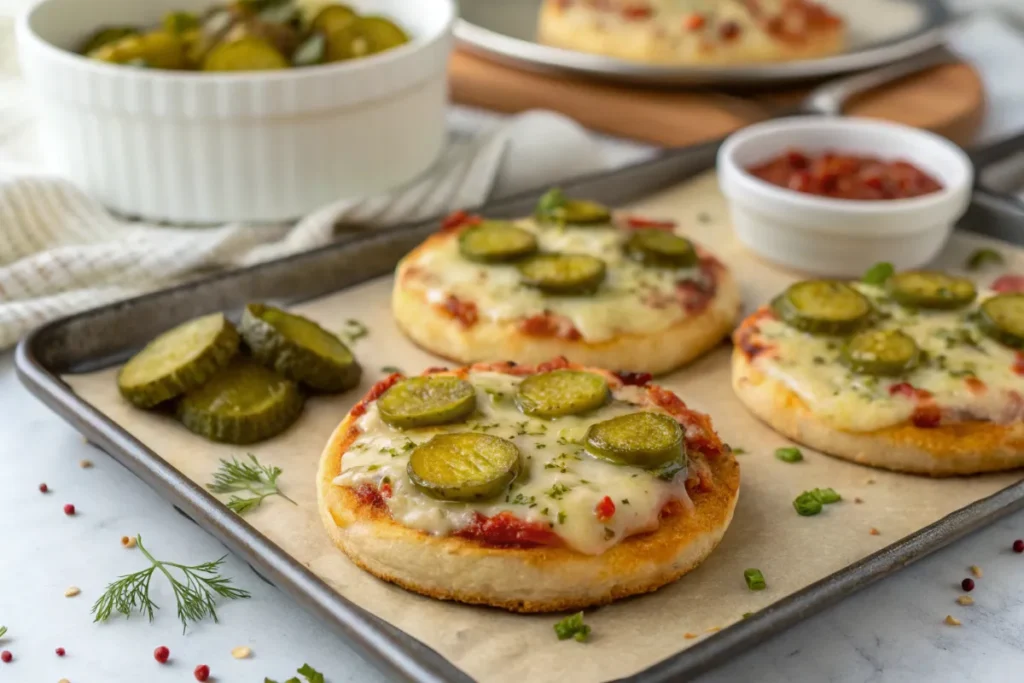 Mini air-fryer pickle pizzas baked crispy with dill pickle topping