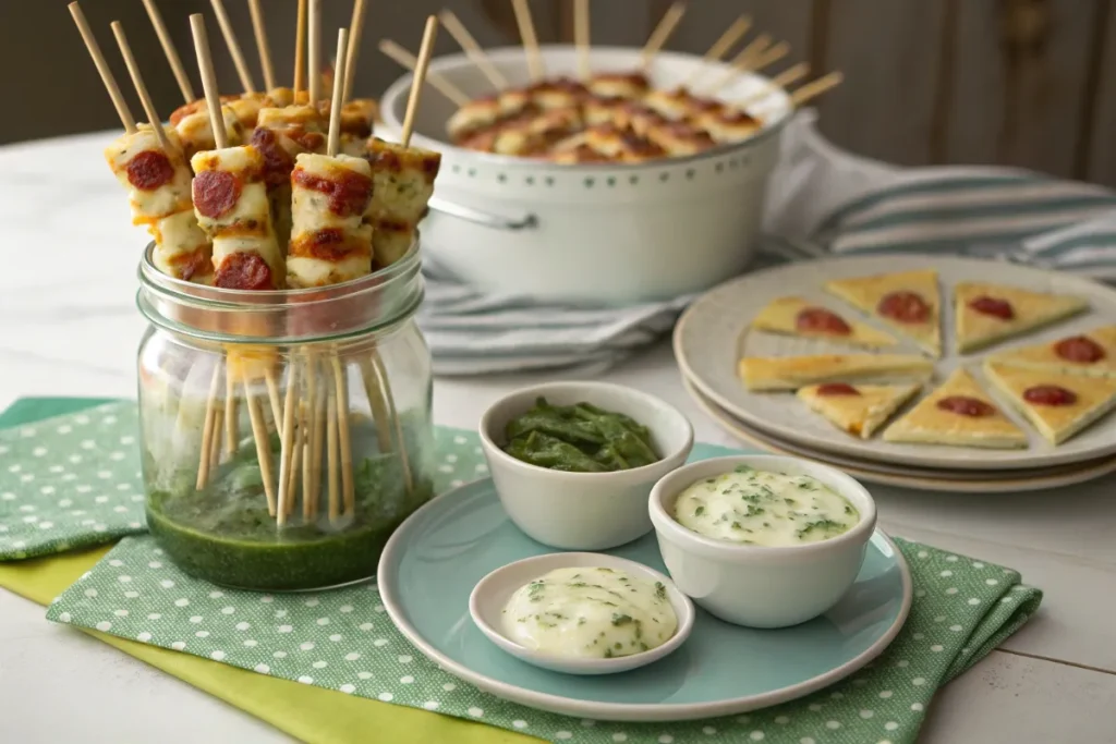 Pickle pizza on a stick skewers served with spinach ranch dip and garlic butter for parties