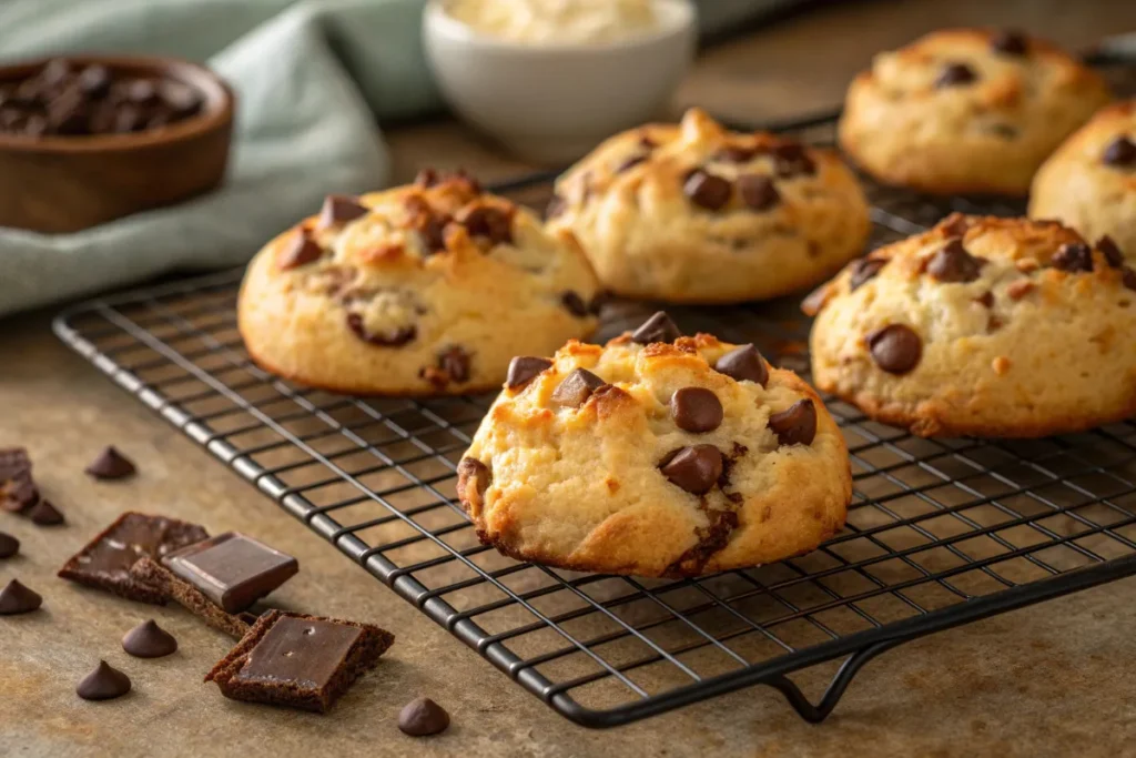 Freshly baked chocolate chip cookies with cottage cheese cooling on a rack.