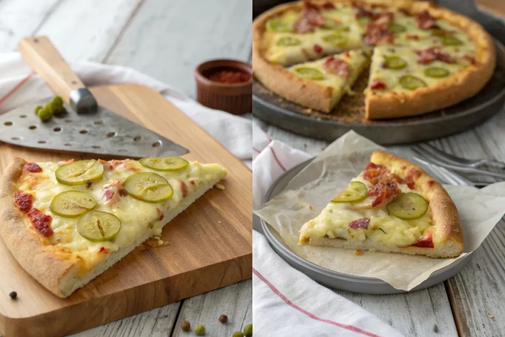 Comparison of homemade pickle pizza vs store-bought pickle pizza slice at a food stall