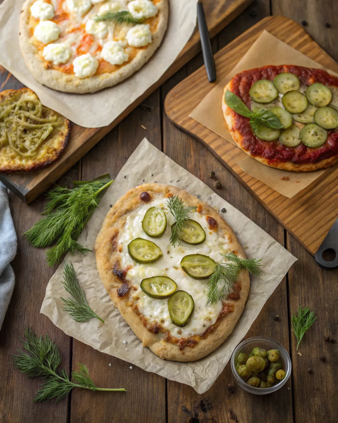 Pickle pizza variations with naan, cauliflower crust, and sourdough bases topped with dill pickles and cheese