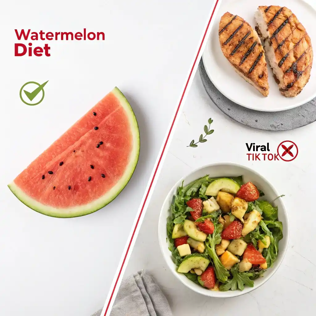 Split image comparing dangerous watermelon diet trend to healthy balanced meal with watermelon, protein, and vegetables