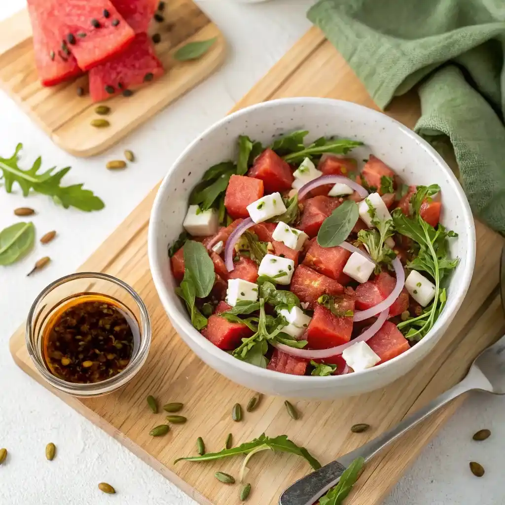 Grilled chicken and watermelon lettuce wraps with peanuts arranged on white serving platter