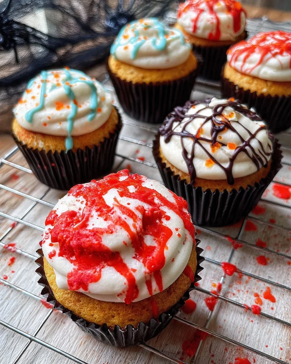 Blood splattered Halloween cupcakes decorated for a spooky celebration