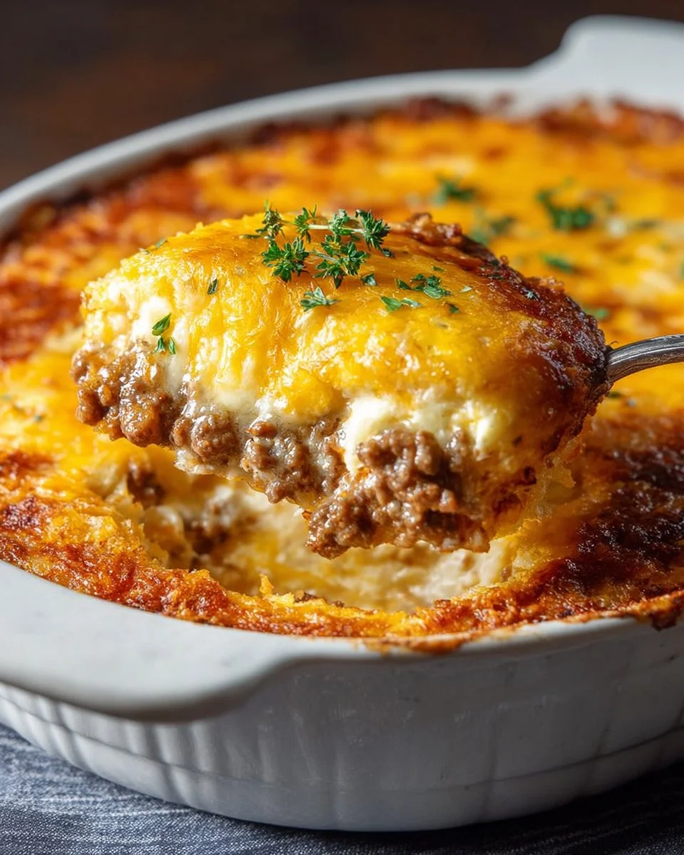 Cheesy keto ground beef casserole topped with melted cheese and herbs