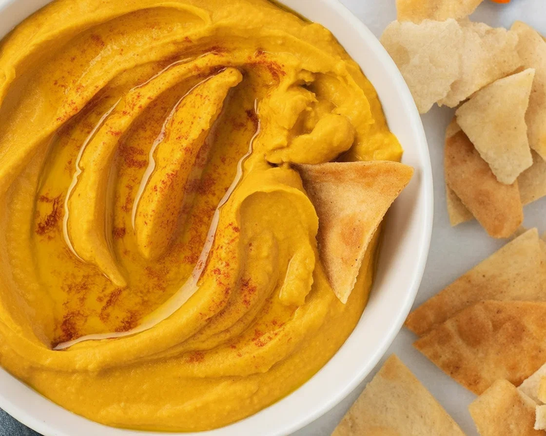 Bowl of creamy pumpkin hummus served with fresh vegetables for dipping