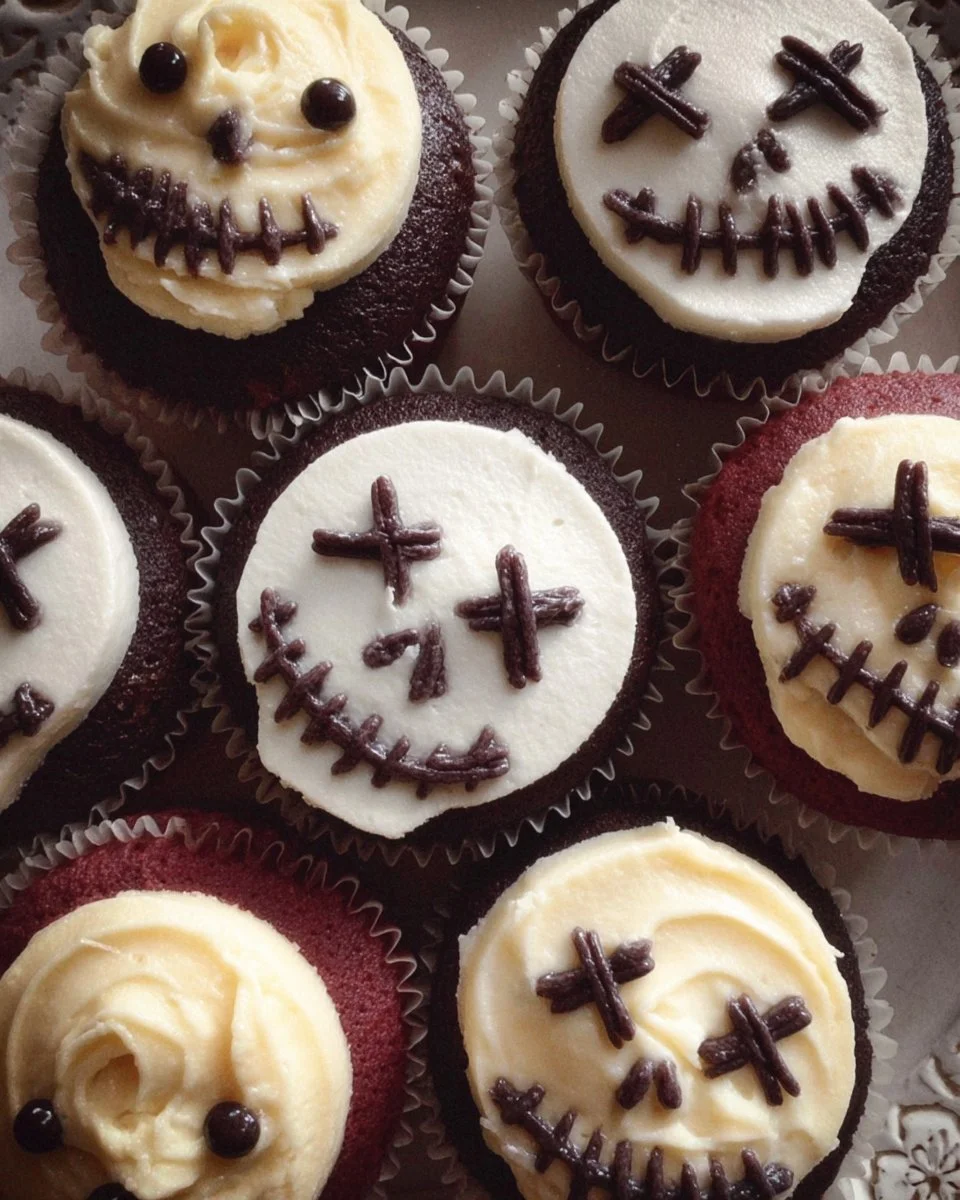 Creepy skull cupcakes decorated for Halloween with spooky designs