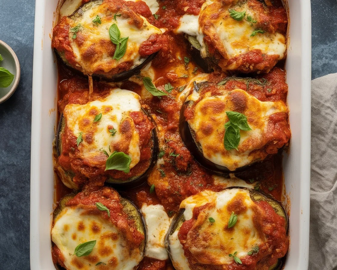 Delicious layers of Eggplant Parmesan with mozzarella and marinara sauce served in a casserole dish.