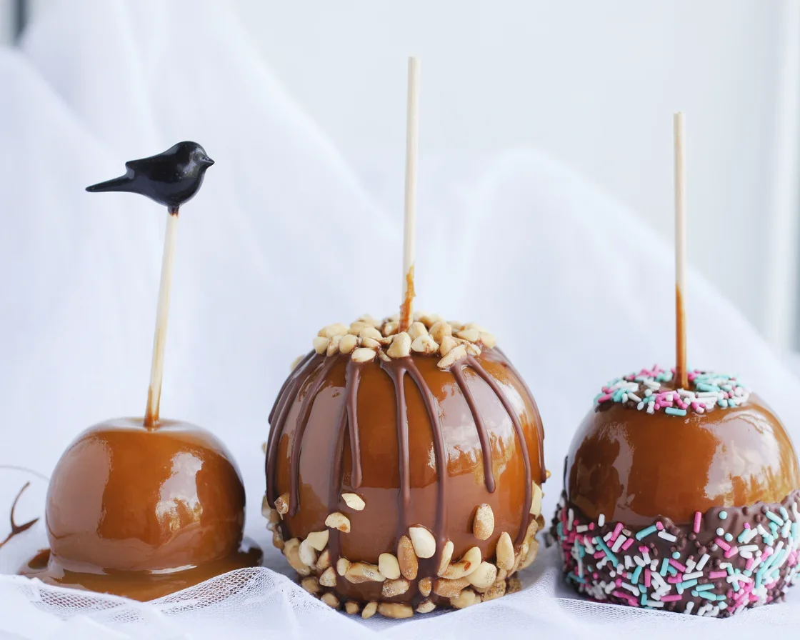 Delicious gluten-free caramel apples ready to be enjoyed.