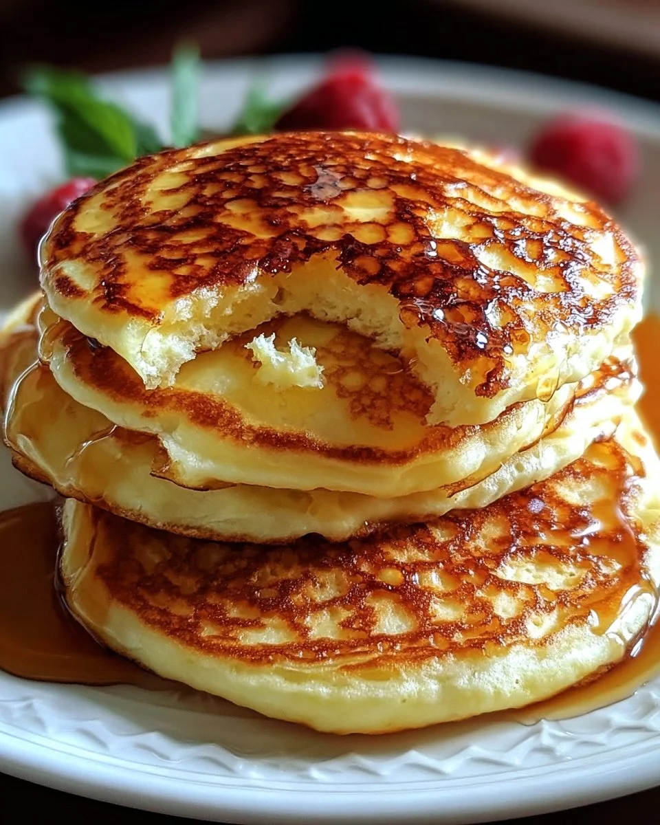 Flourless cottage cheese pancakes stacked and topped with berries