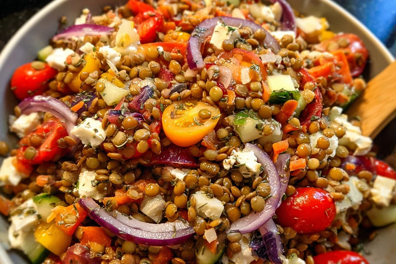 Delicious Greek Lentil Salad with fresh vegetables and herbs