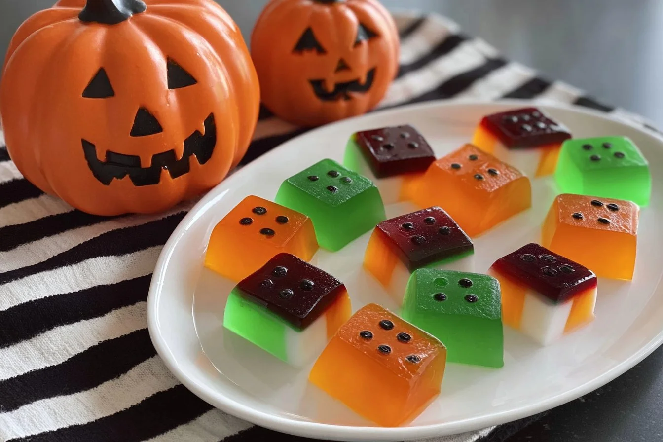 Halloween-themed Jello Jigglers shaped like spooky ghosts and pumpkins